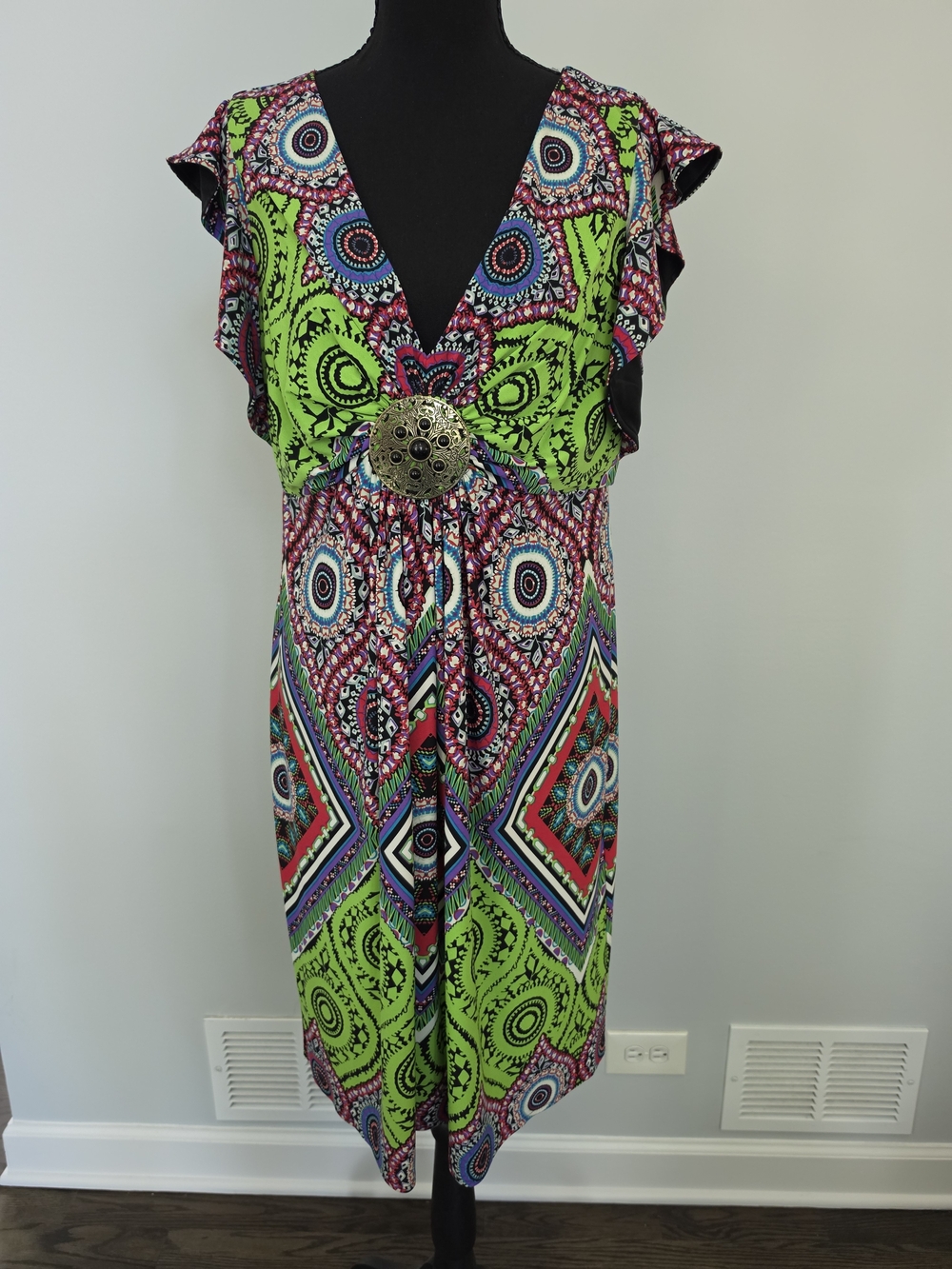 Bright Green Patterned V-Neck Women's Dress